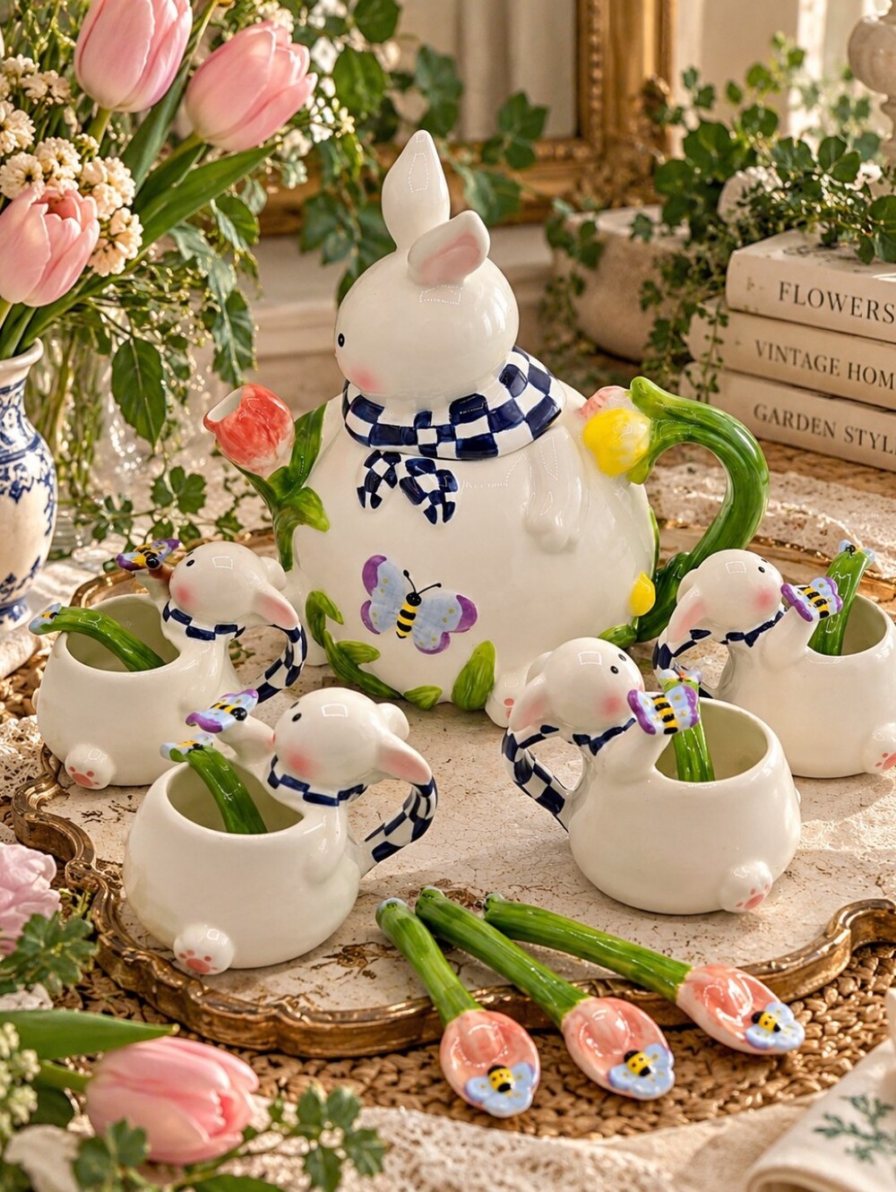 Vintage Mercuries Bunny Rabbit Tea Set 9 Pc Spring Easter Ceramic Teapot Cups